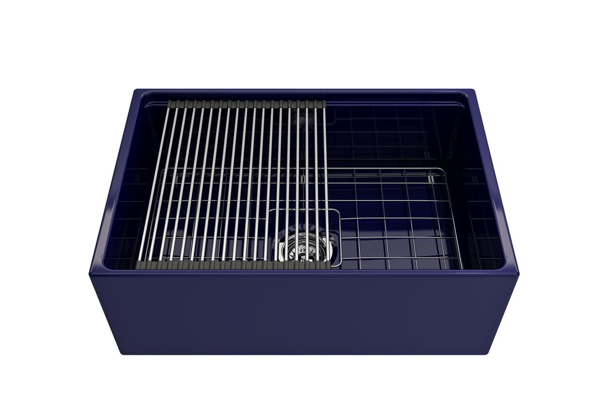 BOCCHI 1628-010-0120 Contempo Step-Rim Apron Front Fireclay 27 in. Single Bowl Kitchen Sink with Integrated Work Station & Accessories in Sapphire Blue