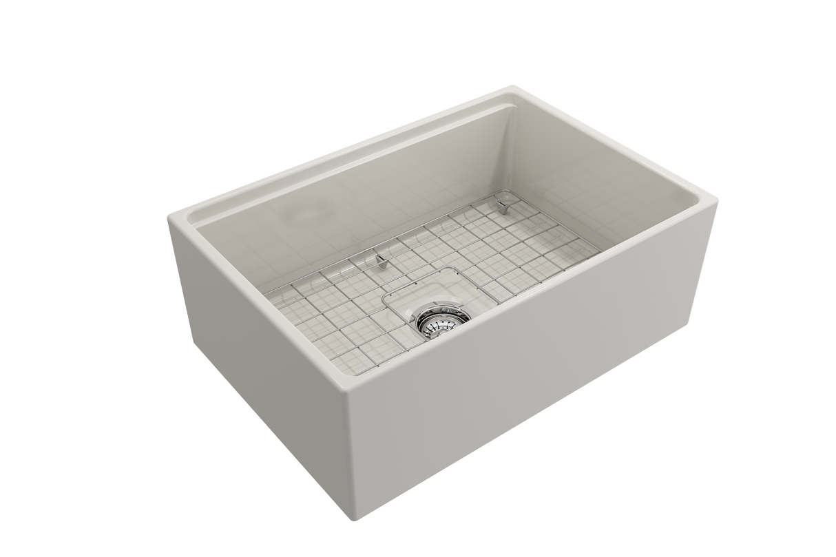 BOCCHI 1628-014-0120 Contempo Step-Rim Apron Front Fireclay 27 in. Single Bowl Kitchen Sink with Integrated Work Station & Accessories in Biscuit