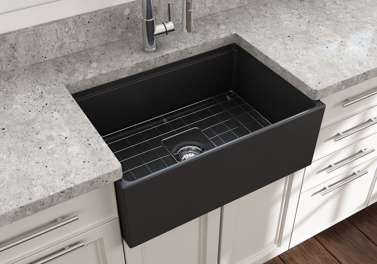 BOCCHI 1628-020-0120 Contempo Step-Rim Apron Front Fireclay 27 in. Single Bowl Kitchen Sink with Integrated Work Station & Accessories in Matte Dark Gray