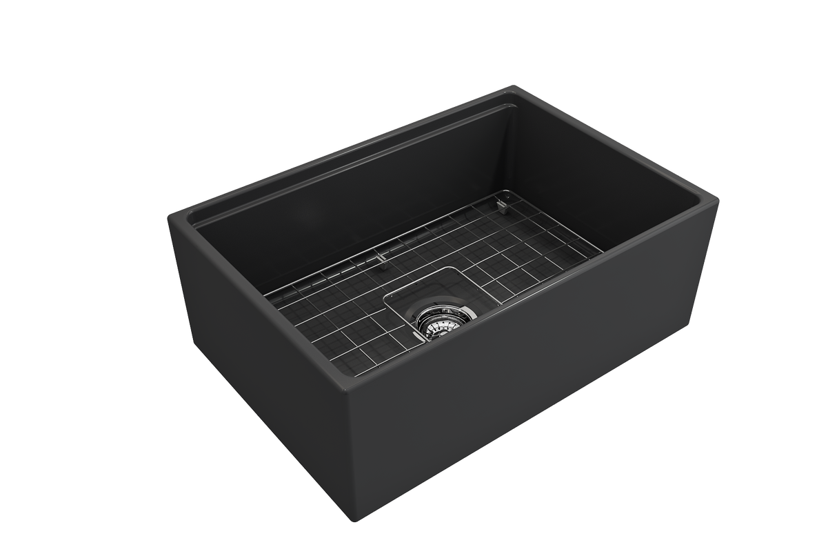 BOCCHI 1628-020-0120 Contempo Step-Rim Apron Front Fireclay 27 in. Single Bowl Kitchen Sink with Integrated Work Station & Accessories in Matte Dark Gray