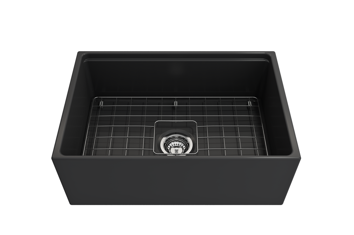 BOCCHI 1628-020-0120 Contempo Step-Rim Apron Front Fireclay 27 in. Single Bowl Kitchen Sink with Integrated Work Station & Accessories in Matte Dark Gray