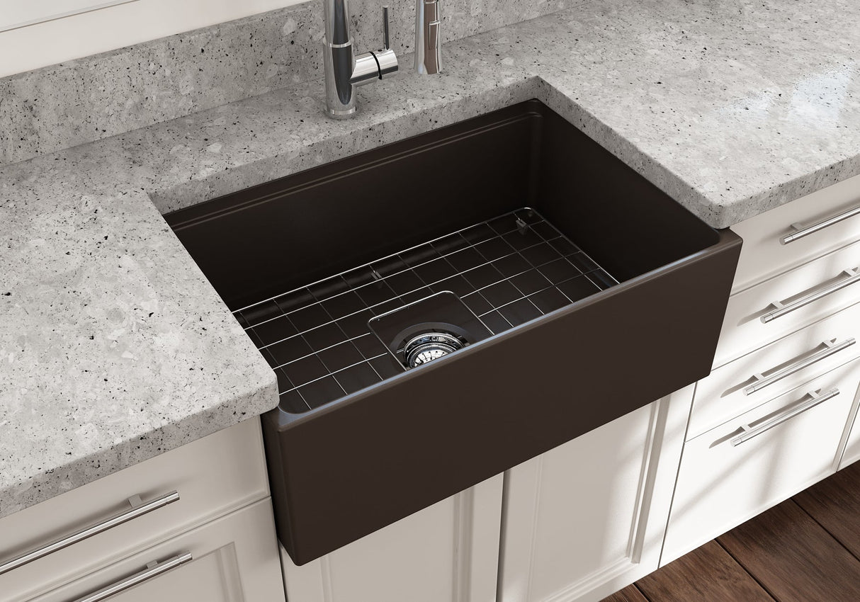 BOCCHI 1628-025-0120 Contempo Step-Rim Apron Front Fireclay 27 in. Single Bowl Kitchen Sink with Integrated Work Station & Accessories in Matte Brown