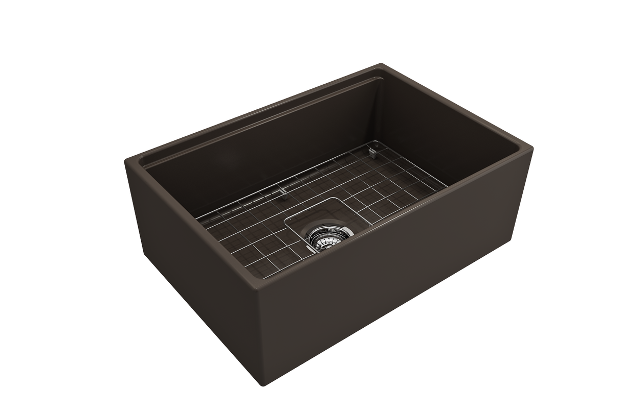 BOCCHI 1628-025-0120 Contempo Step-Rim Apron Front Fireclay 27 in. Single Bowl Kitchen Sink with Integrated Work Station & Accessories in Matte Brown
