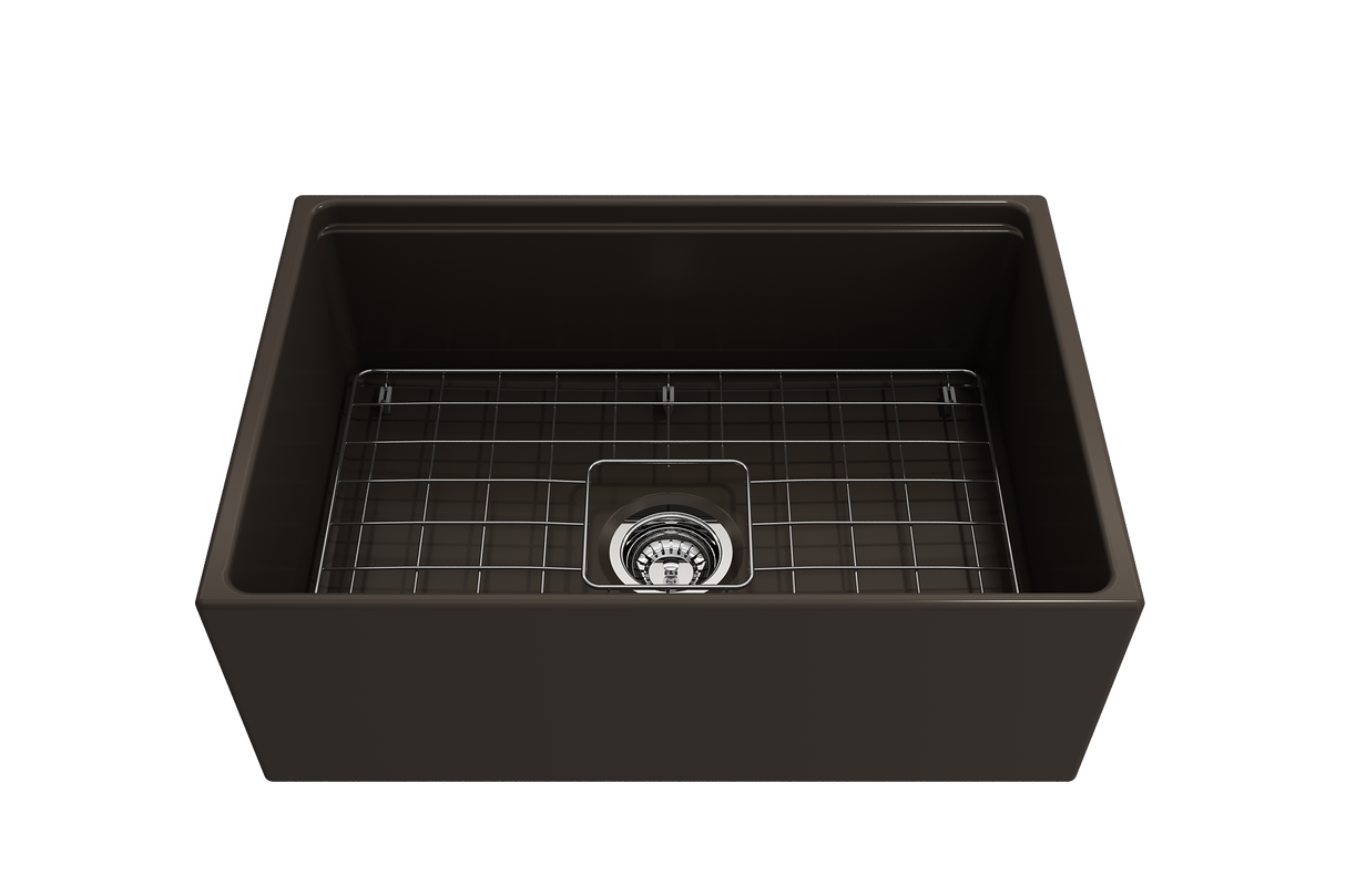 BOCCHI 1628-025-0120 Contempo Step-Rim Apron Front Fireclay 27 in. Single Bowl Kitchen Sink with Integrated Work Station & Accessories in Matte Brown