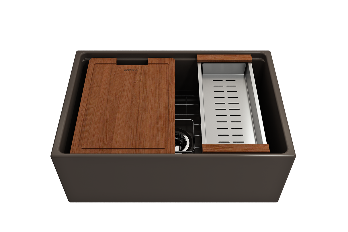 BOCCHI 1628-025-0120 Contempo Step-Rim Apron Front Fireclay 27 in. Single Bowl Kitchen Sink with Integrated Work Station & Accessories in Matte Brown