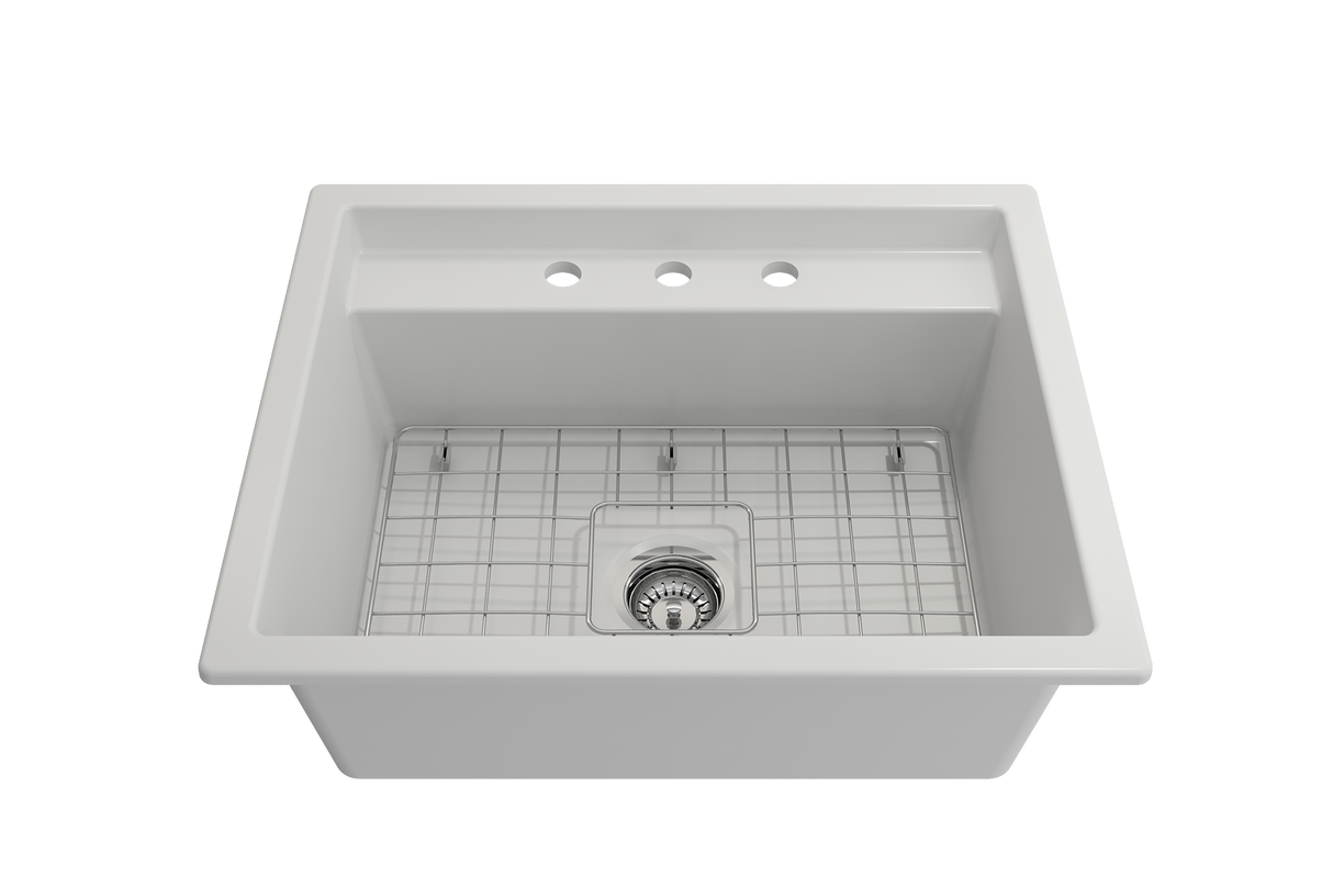 BOCCHI 1633-002-0127 Baveno Uno Dual-Mount with Integrated Workstation Fireclay 27 in. Single Bowl Kitchen Sink 3-hole with Accessories in Matte White