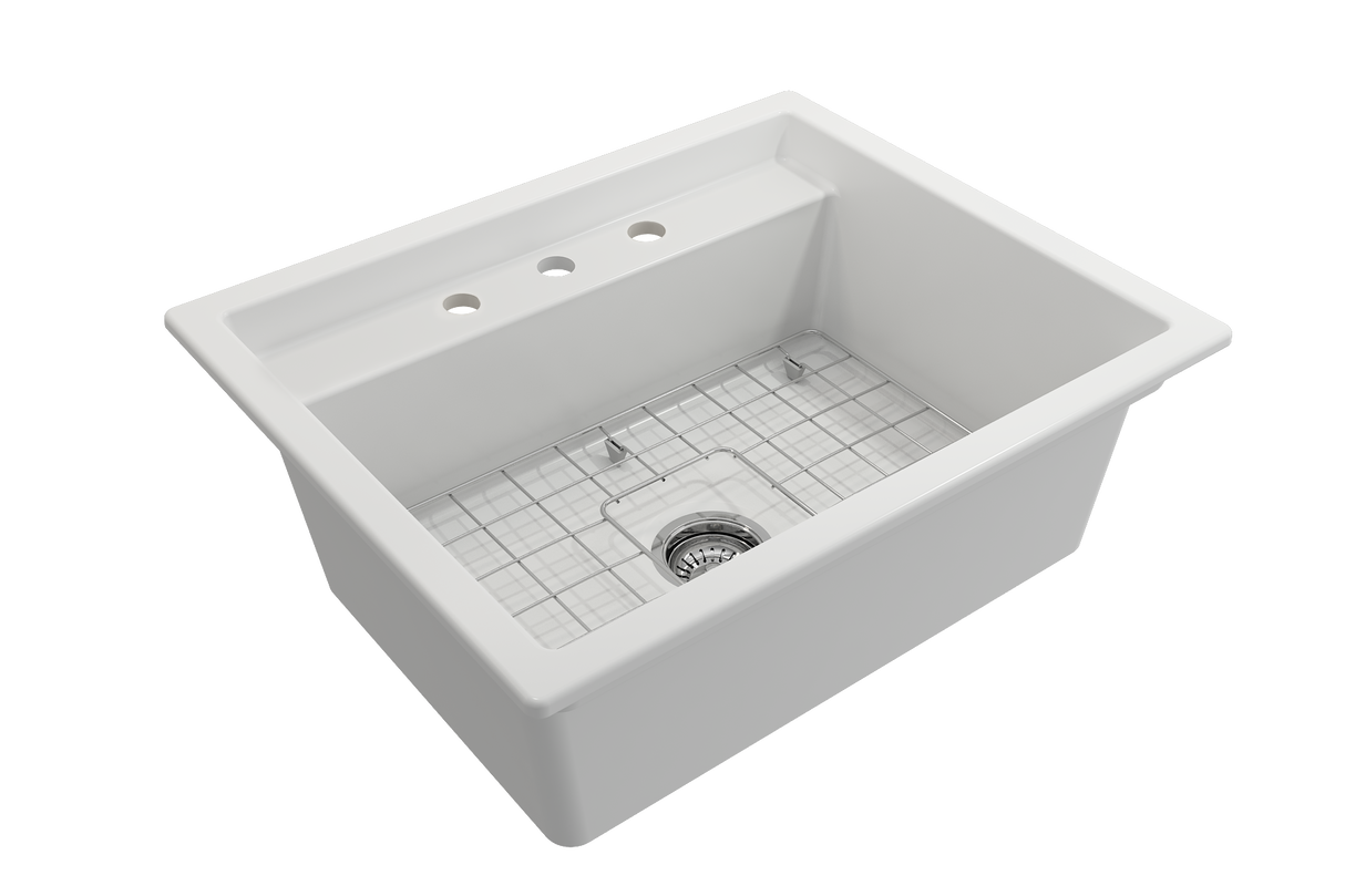 BOCCHI 1633-002-0127 Baveno Uno Dual-Mount with Integrated Workstation Fireclay 27 in. Single Bowl Kitchen Sink 3-hole with Accessories in Matte White