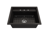 BOCCHI 1633-004-0127 Baveno Uno Dual-Mount with Integrated Workstation Fireclay 27 in. Single Bowl Kitchen Sink 3-hole with Accessories in Matte Black