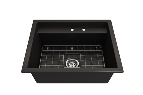 BOCCHI 1633-004-0132 Baveno Uno Dual-Mount with Integrated Workstation Fireclay 27 in. Single Bowl Kitchen Sink 2-hole with Accessories in Matte Black