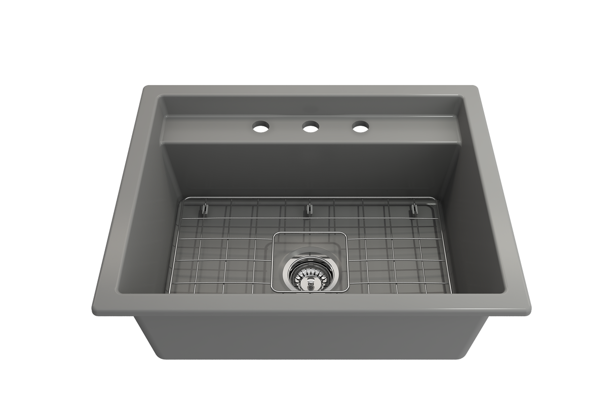 BOCCHI 1633-006-0127 Baveno Uno Dual-Mount with Integrated Workstation Fireclay 27 in. Single Bowl Kitchen Sink 3-hole with Accessories in Matte Gray