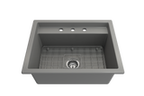 BOCCHI 1633-006-0127 Baveno Uno Dual-Mount with Integrated Workstation Fireclay 27 in. Single Bowl Kitchen Sink 3-hole with Accessories in Matte Gray