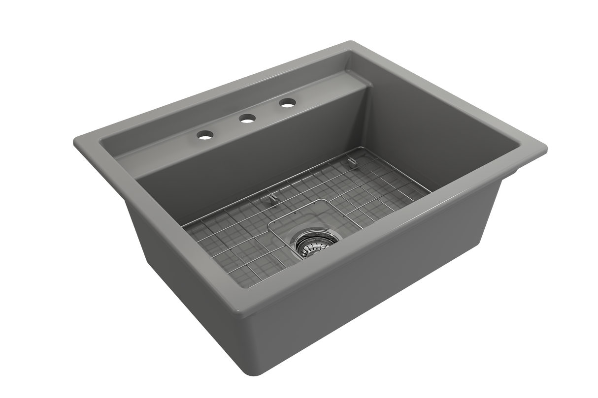 BOCCHI 1633-006-0127 Baveno Uno Dual-Mount with Integrated Workstation Fireclay 27 in. Single Bowl Kitchen Sink 3-hole with Accessories in Matte Gray