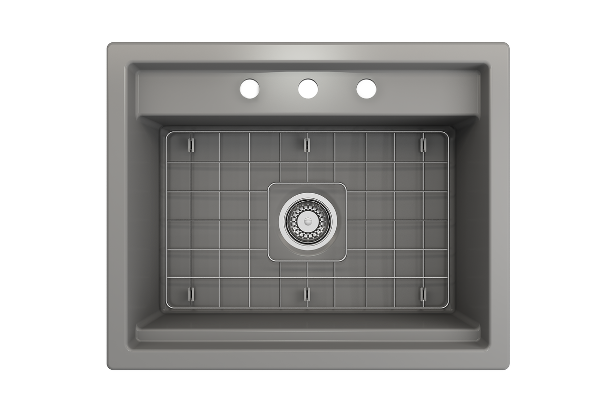 BOCCHI 1633-006-0127 Baveno Uno Dual-Mount with Integrated Workstation Fireclay 27 in. Single Bowl Kitchen Sink 3-hole with Accessories in Matte Gray