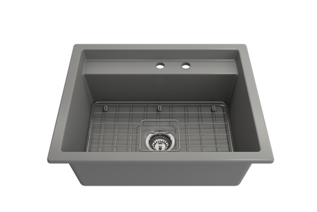 BOCCHI 1633-006-0132 Baveno Uno Dual-Mount with Integrated Workstation Fireclay 27 in. Single Bowl Kitchen Sink 2-hole with Accessories in Matte Gray