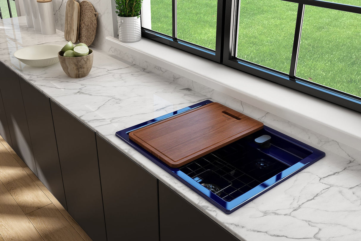 BOCCHI 1633-010-0132 Baveno Uno Dual-Mount with Integrated Workstation Fireclay 27 in. Single Bowl Kitchen Sink 2-hole with Accessories in Sapphire Blue