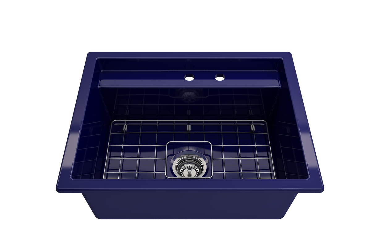 BOCCHI 1633-010-0132 Baveno Uno Dual-Mount with Integrated Workstation Fireclay 27 in. Single Bowl Kitchen Sink 2-hole with Accessories in Sapphire Blue