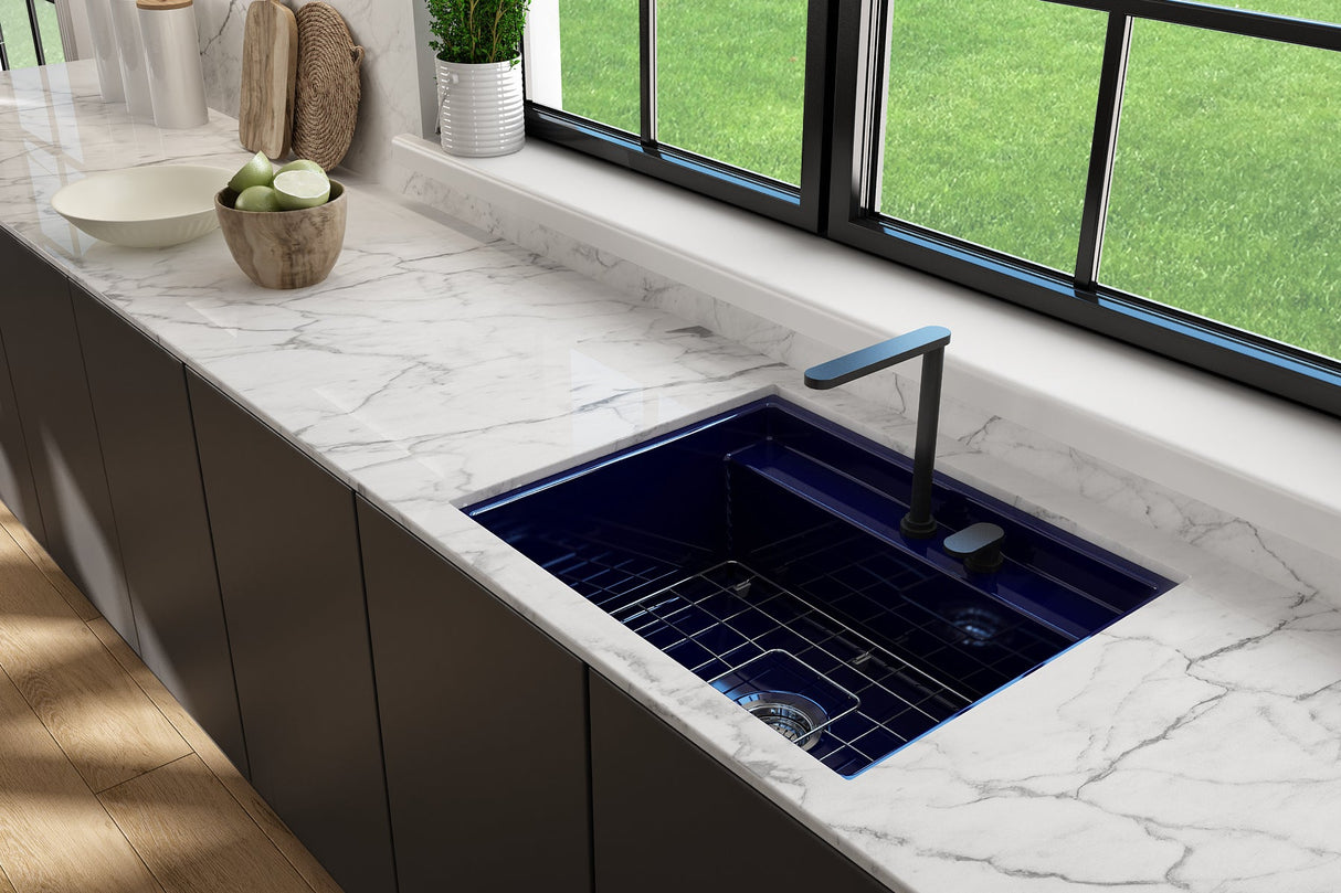 BOCCHI 1633-010-0132 Baveno Uno Dual-Mount with Integrated Workstation Fireclay 27 in. Single Bowl Kitchen Sink 2-hole with Accessories in Sapphire Blue