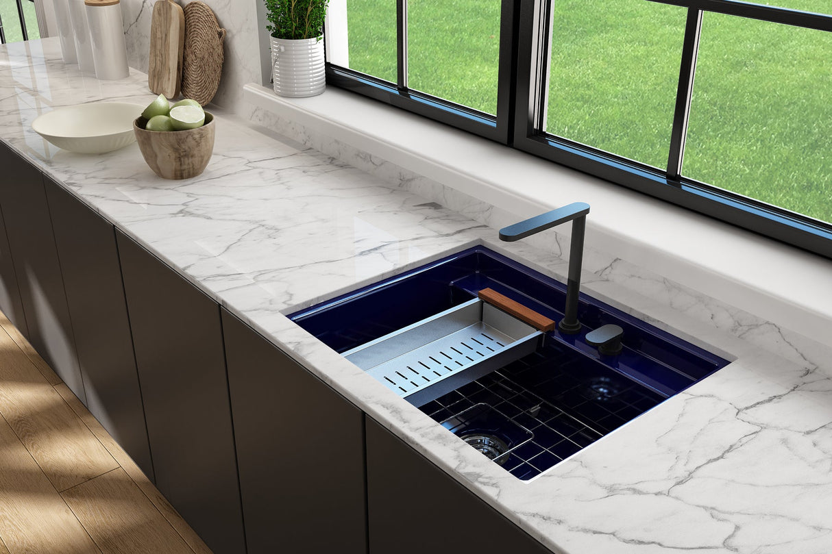 BOCCHI 1633-010-0132 Baveno Uno Dual-Mount with Integrated Workstation Fireclay 27 in. Single Bowl Kitchen Sink 2-hole with Accessories in Sapphire Blue