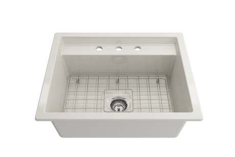 BOCCHI 1633-014-0127 Baveno Uno Dual-Mount with Integrated Workstation Fireclay 27 in. Single Bowl Kitchen Sink 3-hole with Accessories in Biscuit