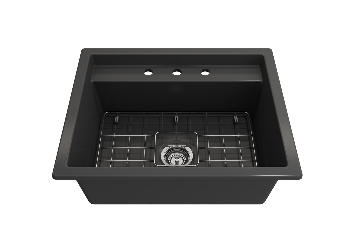 BOCCHI 1633-020-0127 Baveno Uno Dual-Mount with Integrated Workstation Fireclay 27 in. Single Bowl Kitchen Sink 3-hole with Accessories in Matte Dark Gray