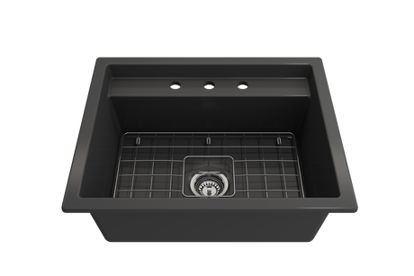 BOCCHI 1633-020-0127 Baveno Uno Dual-Mount with Integrated Workstation Fireclay 27 in. Single Bowl Kitchen Sink 3-hole with Accessories in Matte Dark Gray