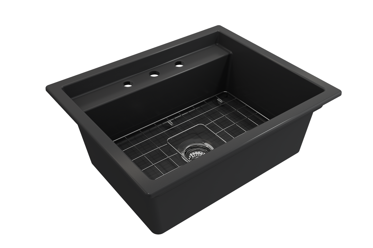 BOCCHI 1633-020-0127 Baveno Uno Dual-Mount with Integrated Workstation Fireclay 27 in. Single Bowl Kitchen Sink 3-hole with Accessories in Matte Dark Gray