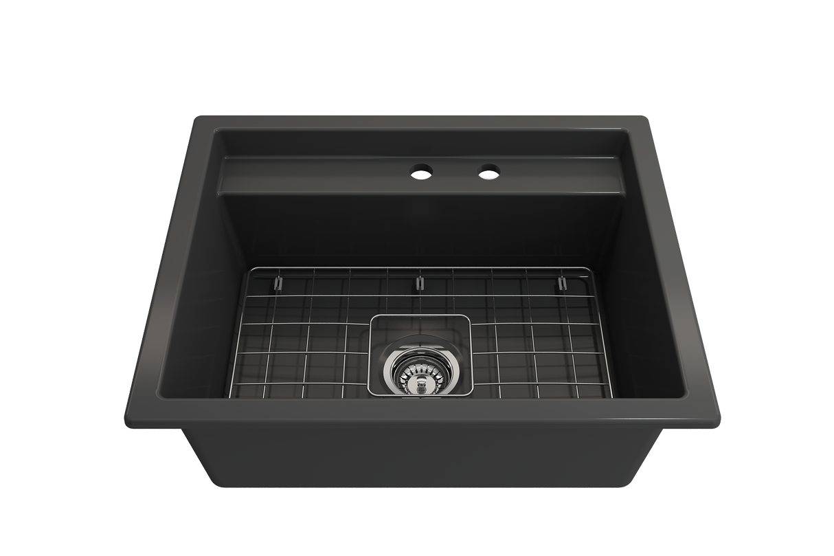 BOCCHI 1633-020-0132 Baveno Uno Dual-Mount with Integrated Workstation Fireclay 27 in. Single Bowl Kitchen Sink 2-hole with Accessories in Matte Dark Gray