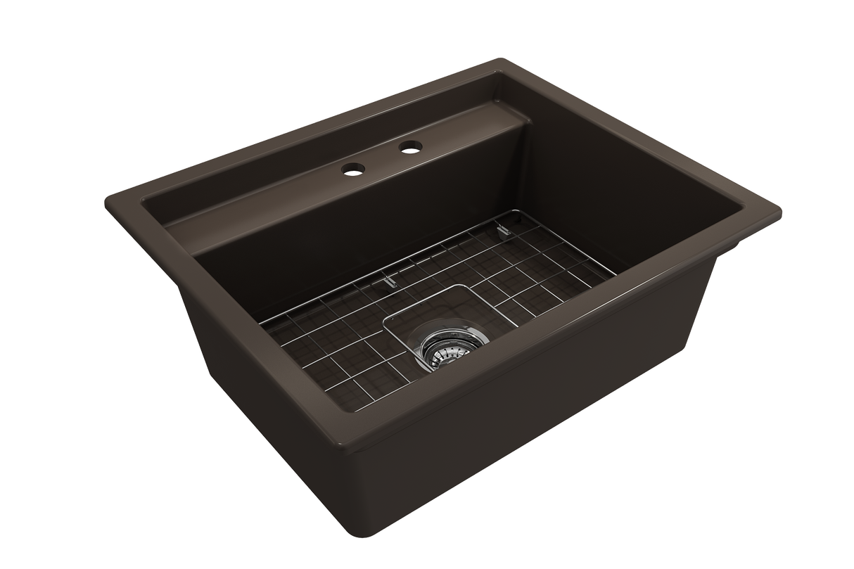 BOCCHI 1633-025-0132 Baveno Uno Dual-Mount with Integrated Workstation Fireclay 27 in. Single Bowl Kitchen Sink 2-hole with Accessories in Matte Brown