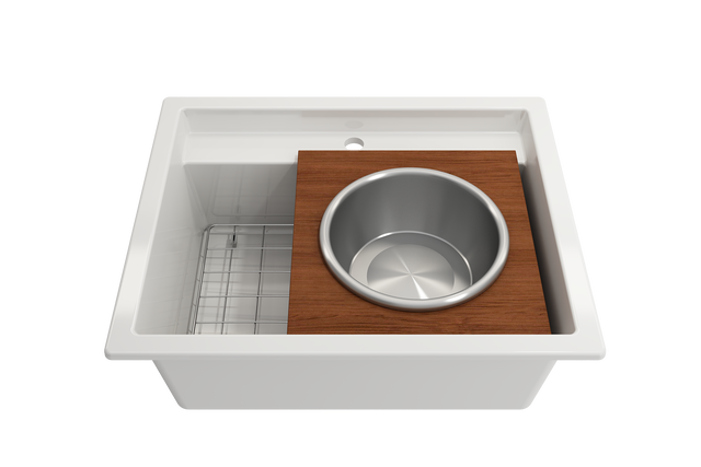BOCCHI 2320 0014 Wood Board with Large Round Stainless Steel Mixing Bowl and Colander F/1616, 1618, 1633 (inner ledge)