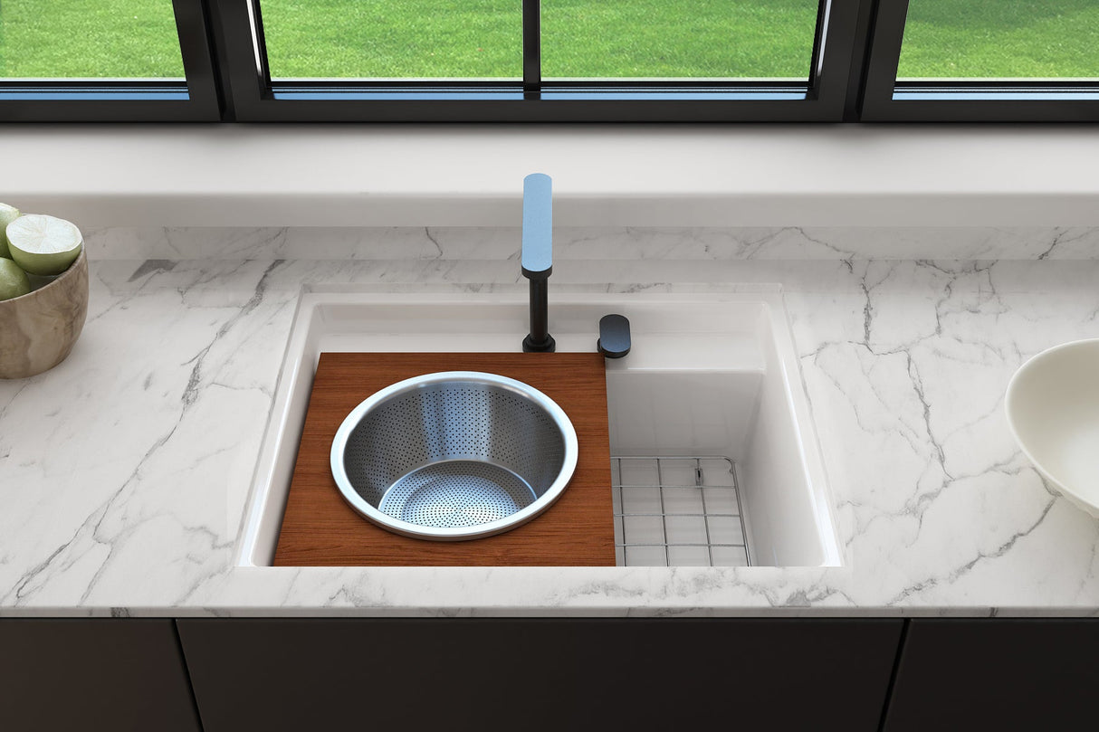 BOCCHI 1633-002-0127 Baveno Uno Dual-Mount with Integrated Workstation Fireclay 27 in. Single Bowl Kitchen Sink 3-hole with Accessories in Matte White