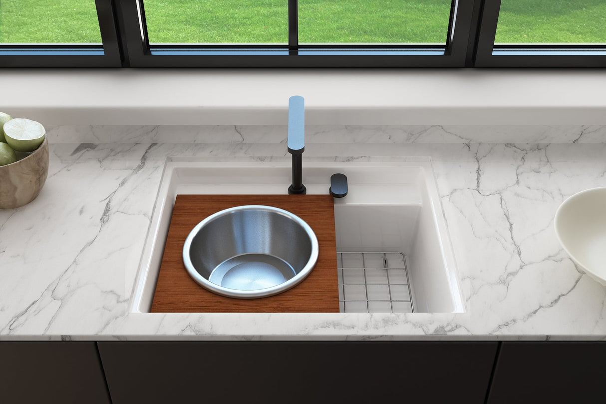 BOCCHI 1633-006-0127 Baveno Uno Dual-Mount with Integrated Workstation Fireclay 27 in. Single Bowl Kitchen Sink 3-hole with Accessories in Matte Gray