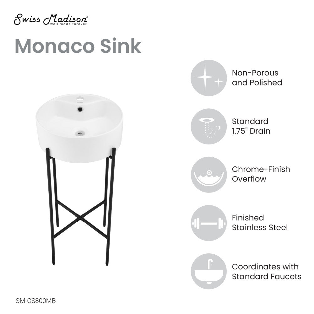 Monaco 15.75" Round Console Sink with Faucet Mount, White Basin Matte Black Legs