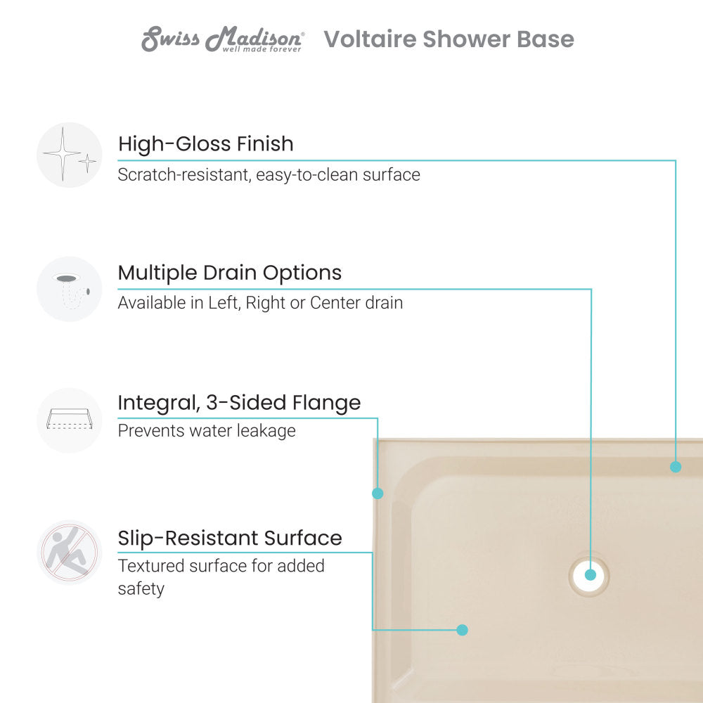 Voltaire 48 x 36 Single-Threshold, Center Drain, Shower Base in Biscuit