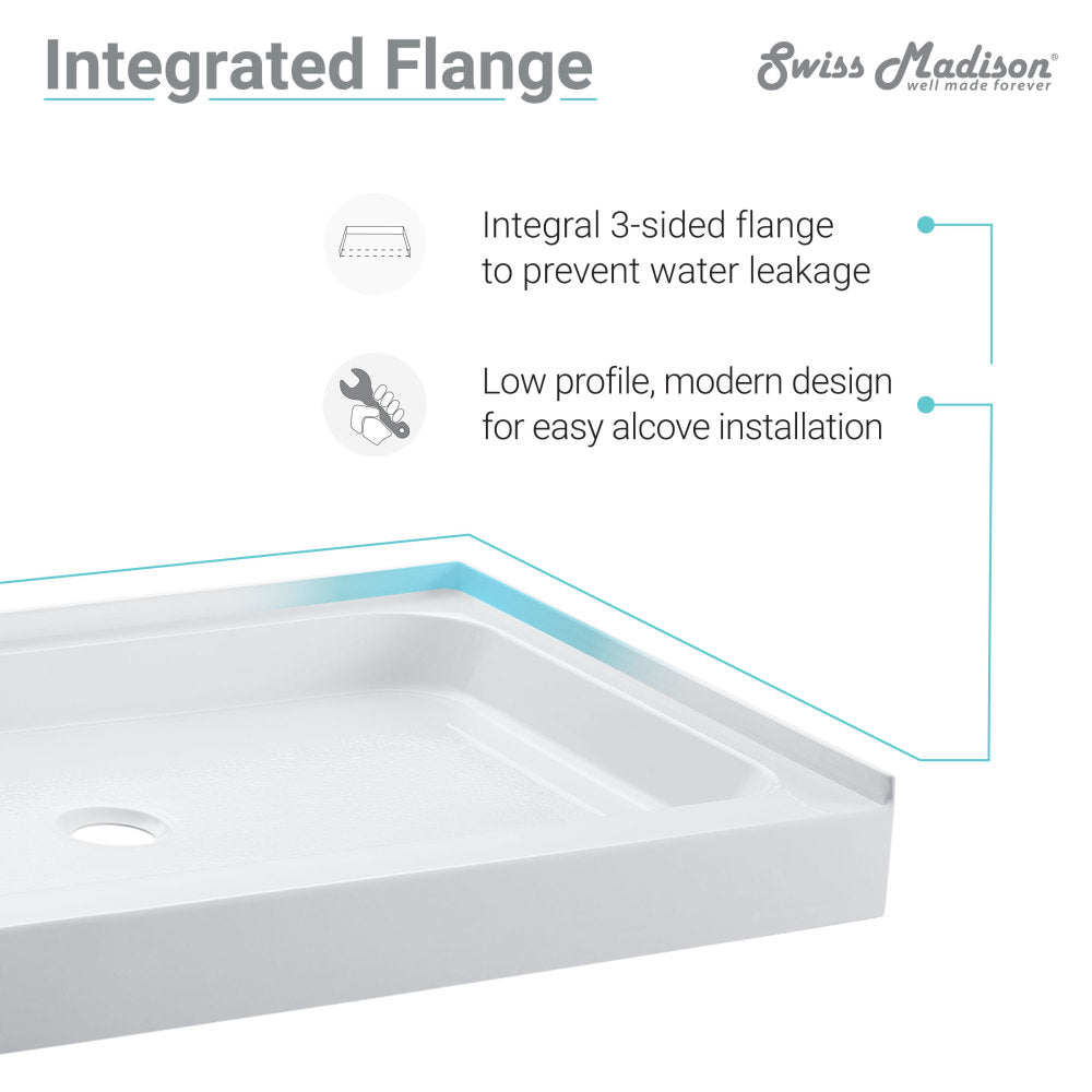 Voltaire 60 x 34 Acrylic White, Single-Threshold, Right Side Drain, Shower Base