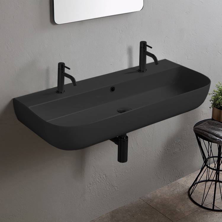 Matte Black Ceramic Trough Wall Mounted or Vessel Sink