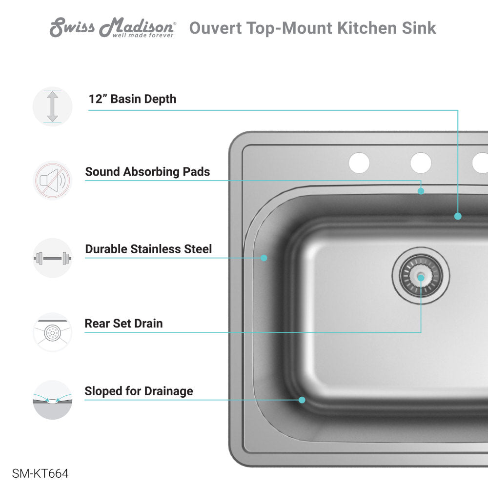 Ouvert 25 x 22 Stainless Steel, Single Basin, Top Mount Kitchen Sink