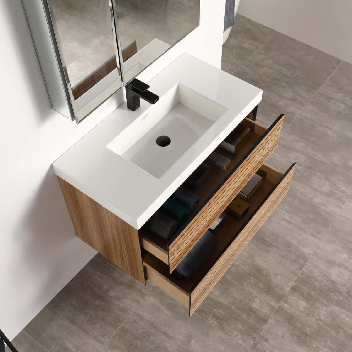 Blossom Annecy 36″ Wall-Hung Vanity - Modern Minimalist Design with Soft-Closing Drawers in Dark Walnut and Maple