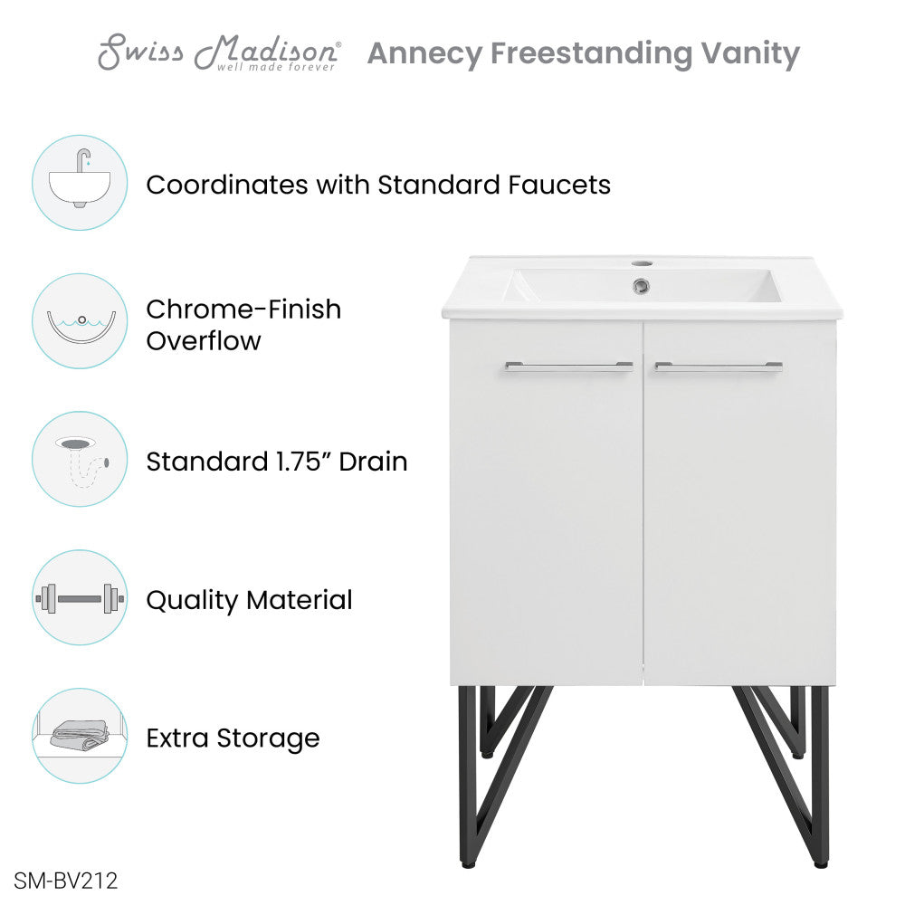 Annecy 24 Single, Glossy White, Two Doors, Bathroom Vanity