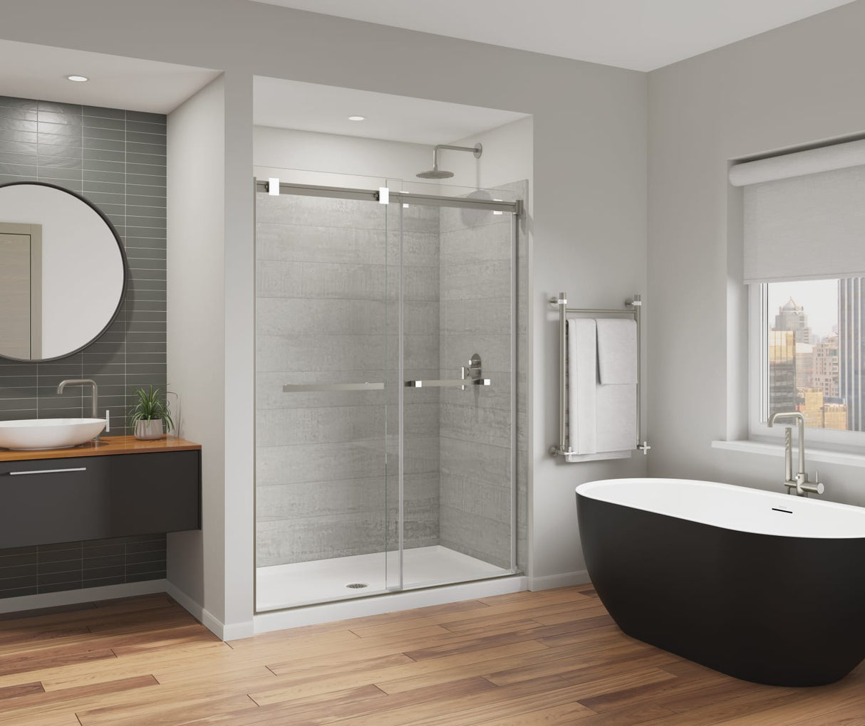 MAAX 136955-810-290-000 Duel Alto 56-59 X 78 in. 8mm Bypass Shower Door for Alcove Installation with GlassShield® glass in Brushed Nickel & Matte White