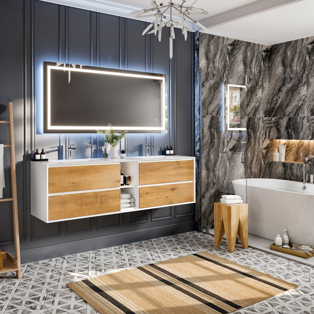 Vienna 75 in. Oak Wall Mount Double Sink  Bath Vanity with Acrylic Top and Integrated Sinks