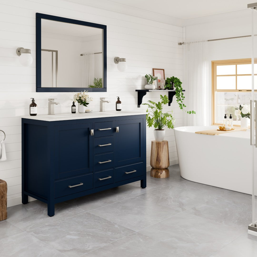 London 48 in. Blue Double Sink  Bath Vanity with Carrara Quartz Top and Undermount Porcelain Sinks