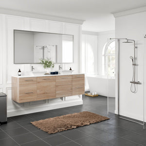 Luxy 72 in. White Oak Wall Mount Double Sink  Bath Vanity with White Quartz Top and Vessel Porcelain Sinks
