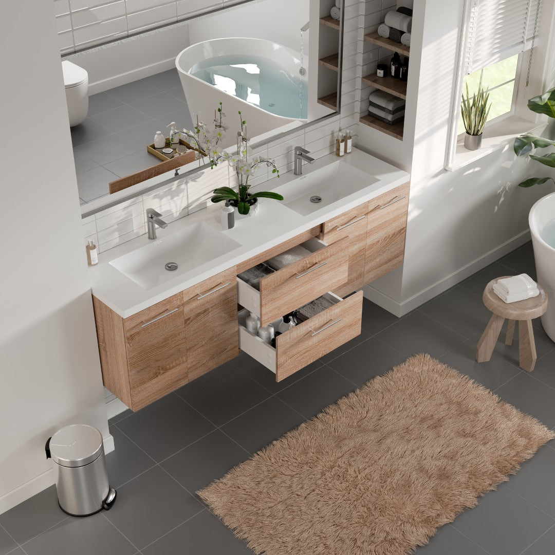 Axis 72 in. White Oak Wall Mount Double Sink  Bath Vanity with Acrylic Top and Integrated Sinks