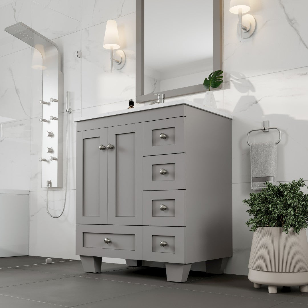 Happy 28 in. Gray Single Sink Bath Vanity with Carrara Quartz Top and Undermount Porcelain Sink