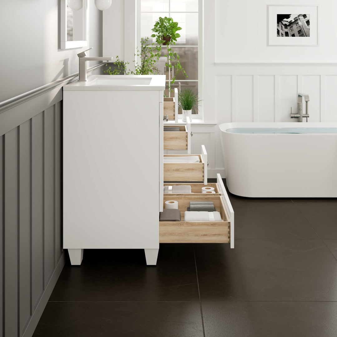 Happy 30 in. White Single Sink Bath Vanity with Carrara Quartz Top and Undermount Porcelain Sink
