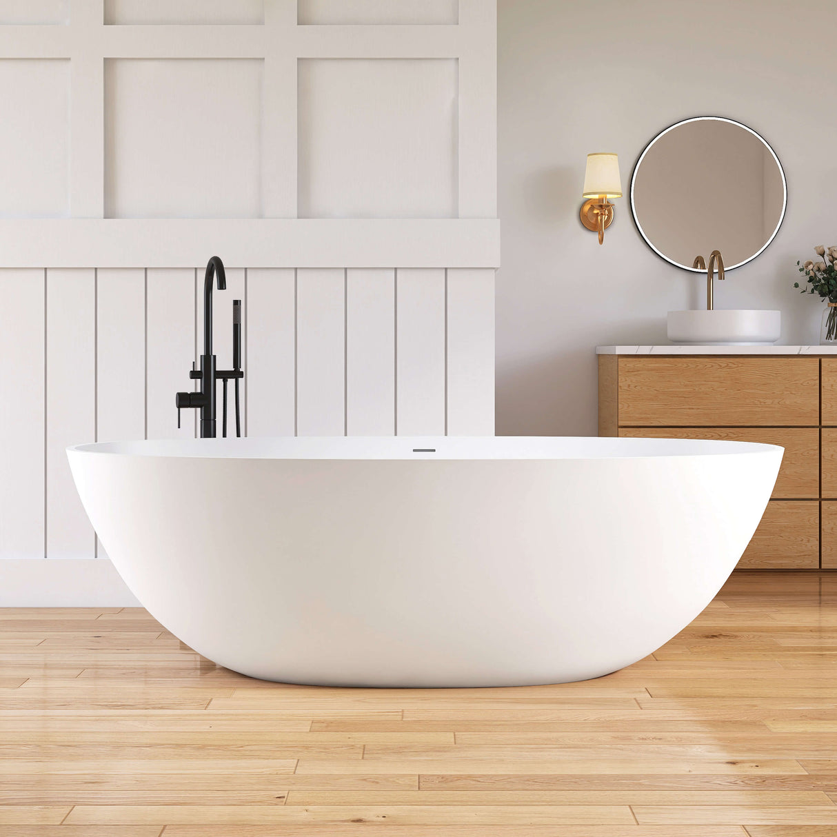 New England Home Goods Kuta 71" Freestanding Tub in White - Stone Resin Solid Surface