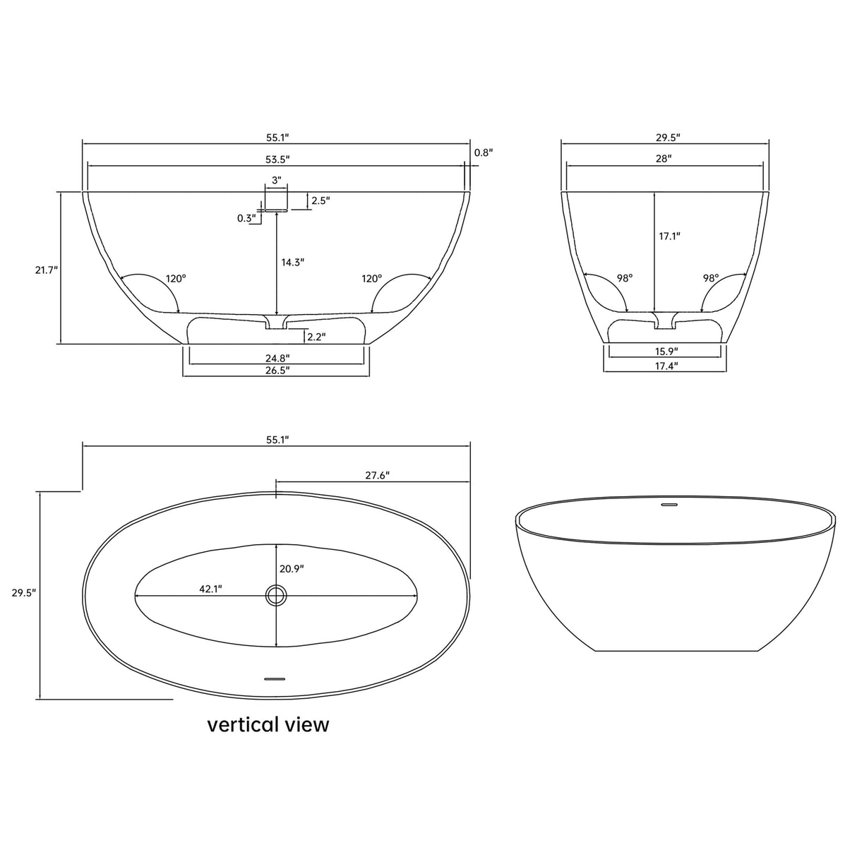 New England Home Goods Ipanema 55" Freestanding Tub in White - Stone Resin Solid Surface