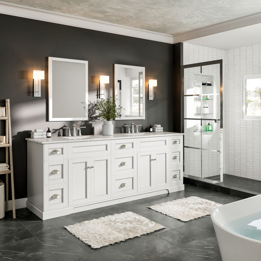 Epic 96 in. White Double Sink  Bath Vanity with Carrara Quartz Top and Undermount Porcelain Sinks