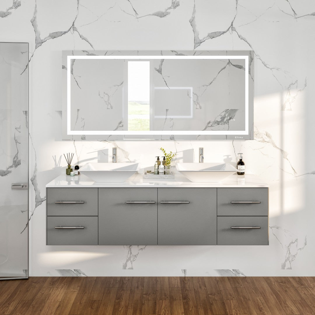 Wave 60 in. Gray Wall Mount Double Sink  Bath Vanity with White Quartz Top and Vessel Porcelain Sinks