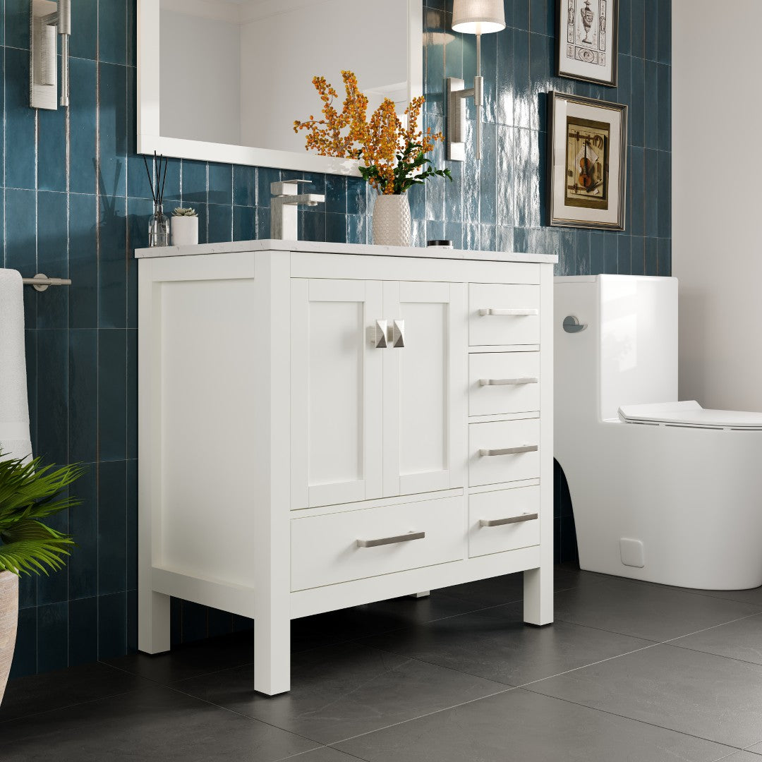London 36 in. White Single Sink Bath Vanity with Carrara Quartz Top and Undermount Porcelain Sink